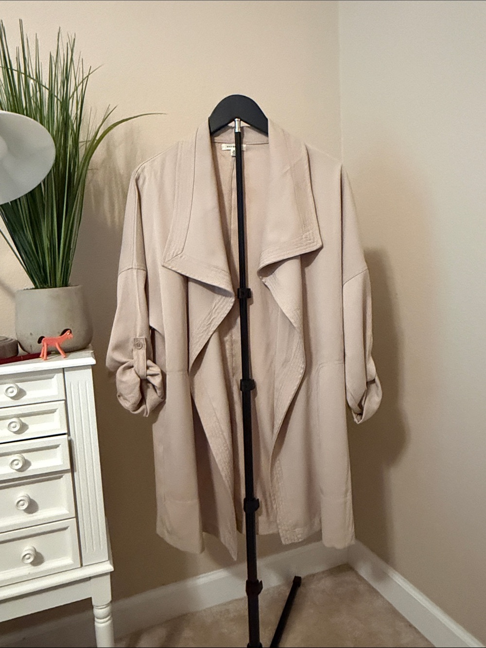 Max Studio Beige Draped Open-Front Trench Jacket